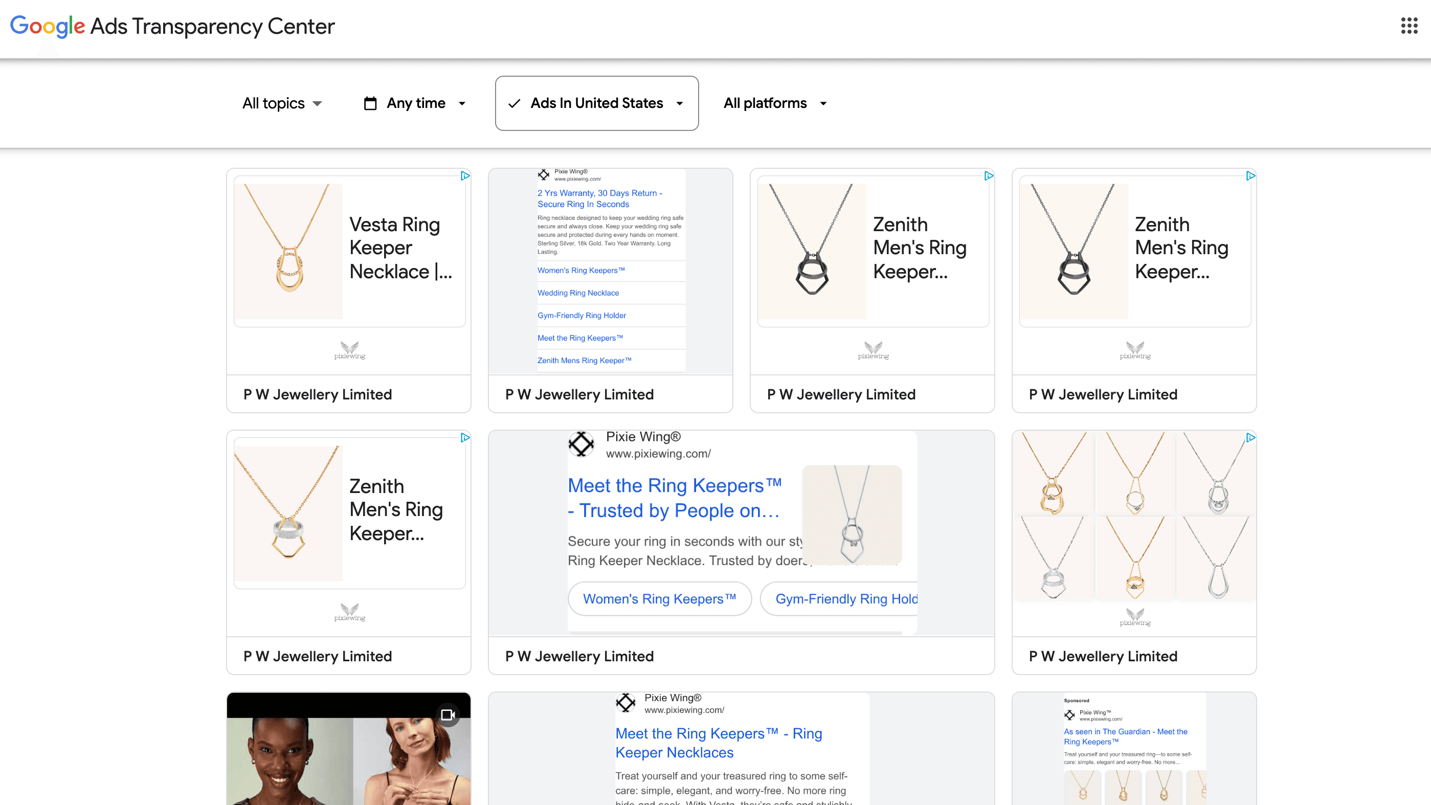 Google Ads Transparency Center showing a competitor's live search and shopping ads