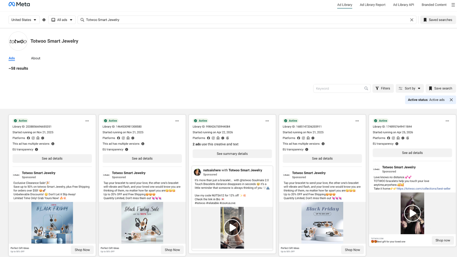 The Meta Ad Library results page for the advertiser Totwoo Smart Jewelry showing roughly 49 active ads in a grid layout, each with its Started running date visible and creative thumbnails ranging from product shots to seasonal sales
