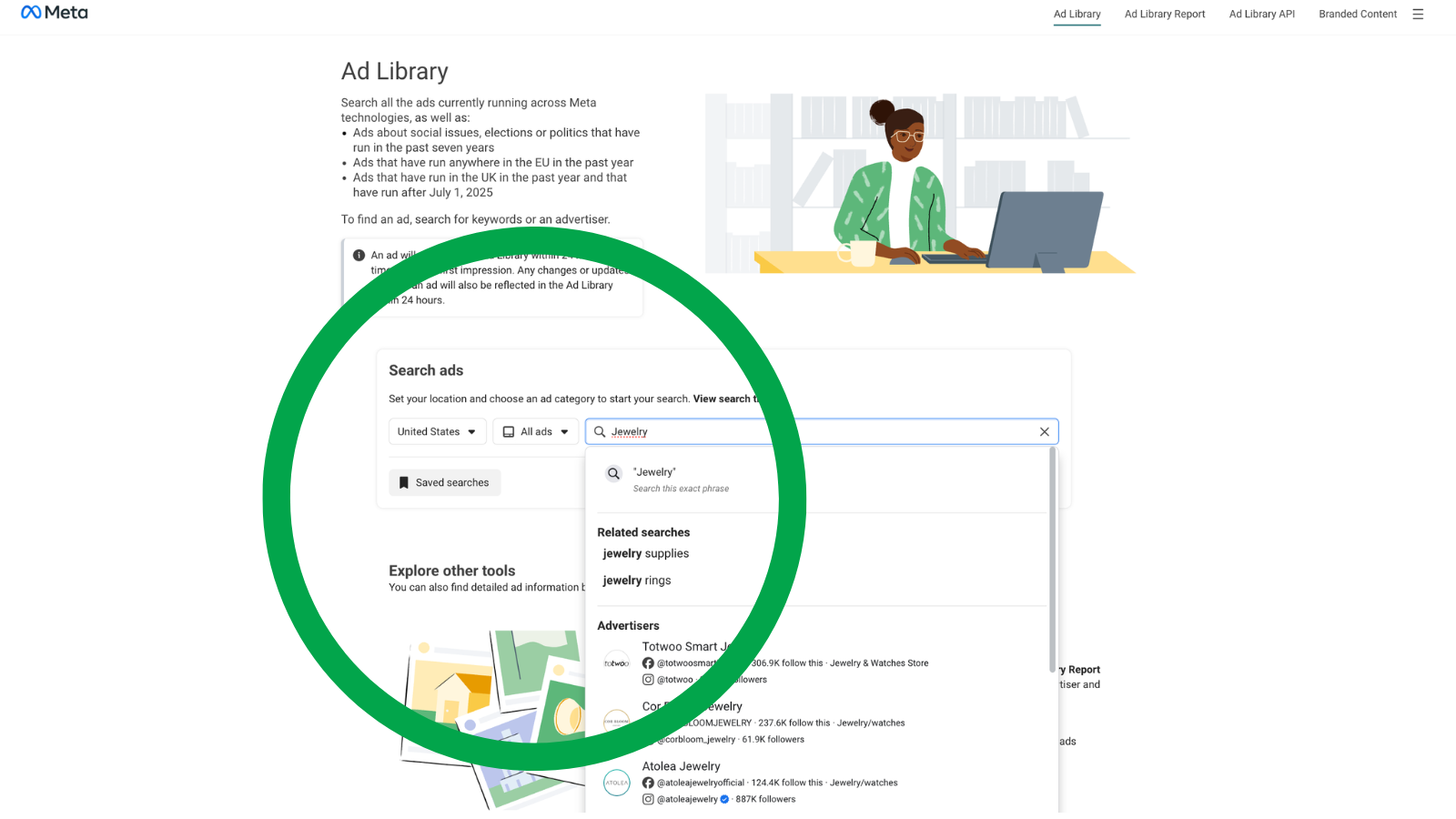 The Meta Ad Library landing page with a search filter set to United States, All ads, with the query Jewelry typed into the search bar and autocomplete suggestions showing advertisers like Totwoo Smart Jewelry