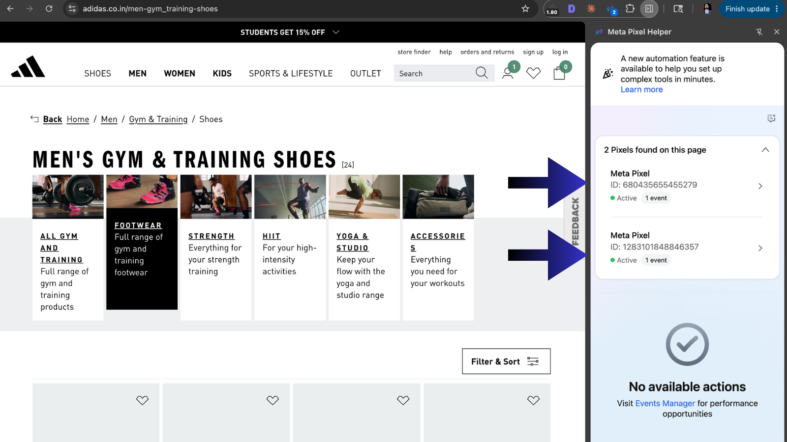 The Meta Pixel Helper Chrome extension open on the Adidas website showing 2 Pixels found, both firing with zero errors and no warnings